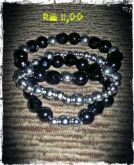 03 pulseiras em cristais e resina preto/prata